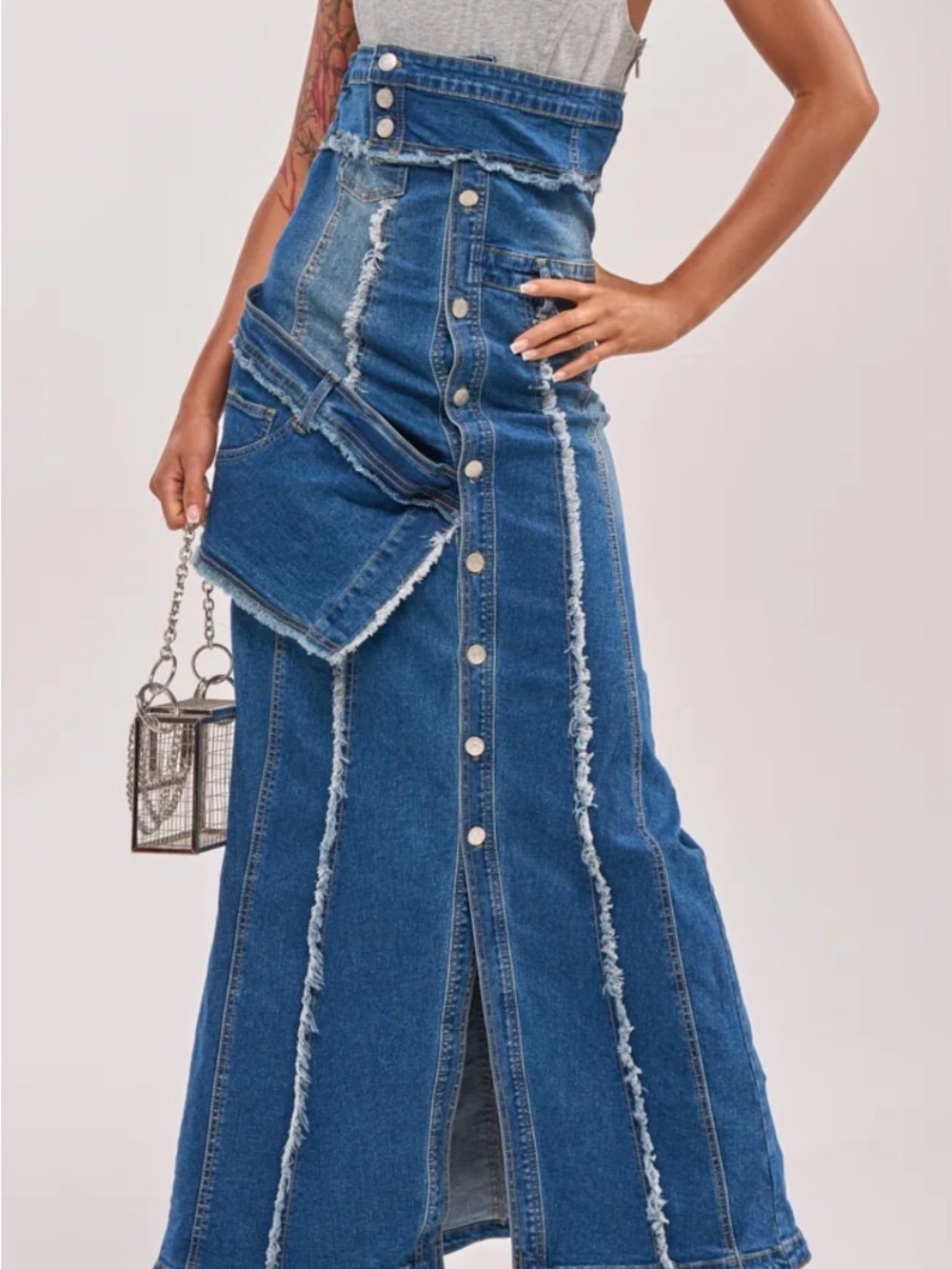 AKIRA High-Waist Frayed Panel Denim Maxi Skirt - Blue
